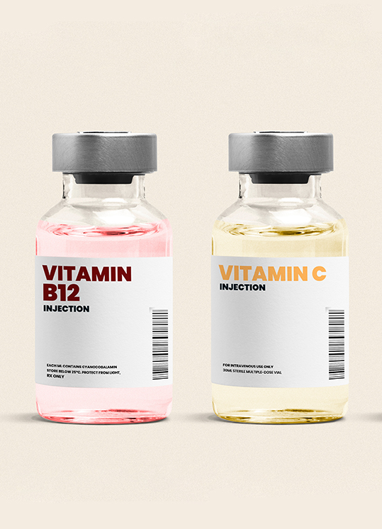 Bottles of vitamin B12 and vitamin C
